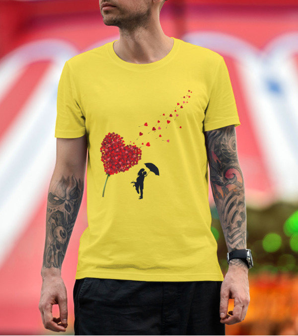 Premium T-Shirt: Tree of Hearts Romantic Umbrella Couple Silhouette with Red Petals T-Shirt Tree of Hearts Romantic Umbrella Couple Silhouette with Red Petals T-Shirt