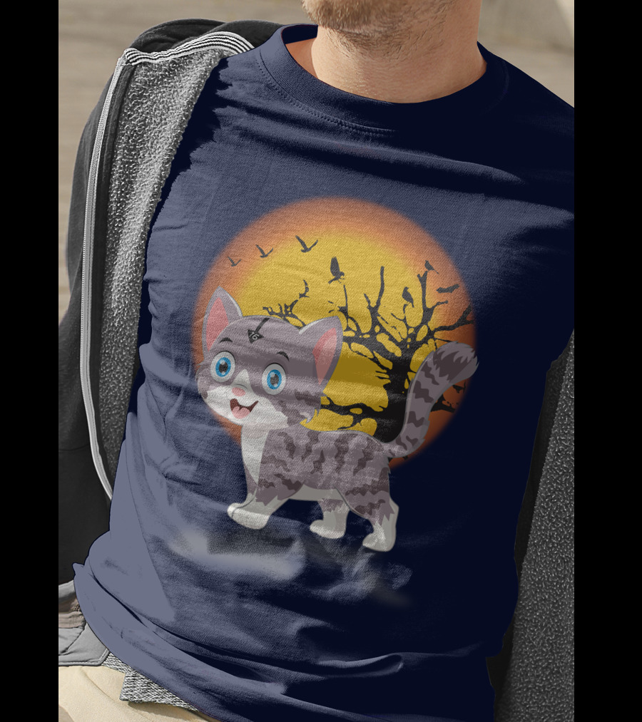 Cute Kittens Halloween Night Moonlit Landscape T-Shirt