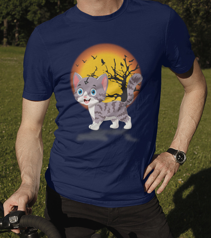 Cute Kittens Halloween Night Moonlit Landscape T-Shirt