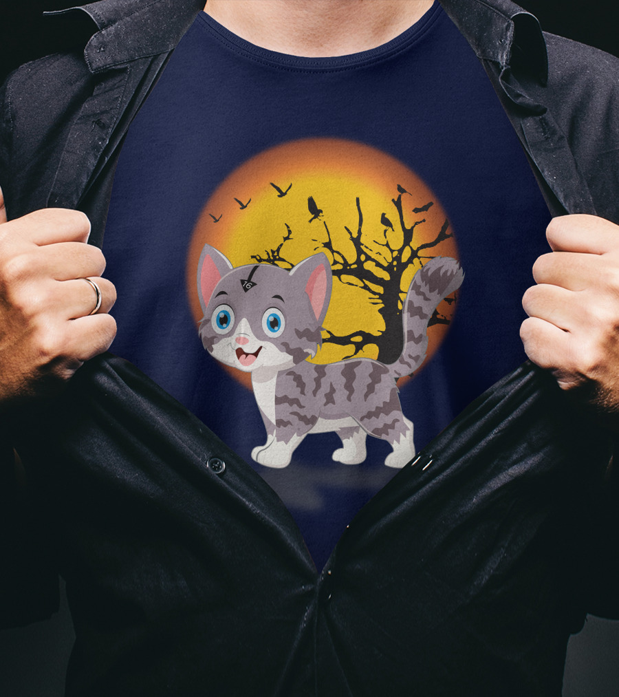 Cute Kittens Halloween Night Moonlit Landscape T-Shirt