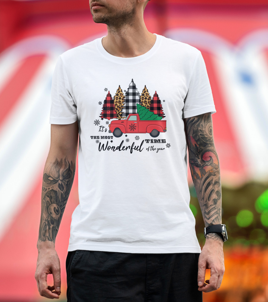 It's the Most Wonderful Time of the Year Plaid and Leopard Pine Trees Red Truck T-Shirt