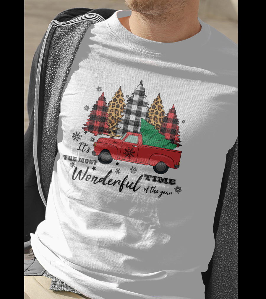 It's The Most Wonderful Time Of The Year Plaid And Leopard Pine Trees Red Truck T-Shirt
