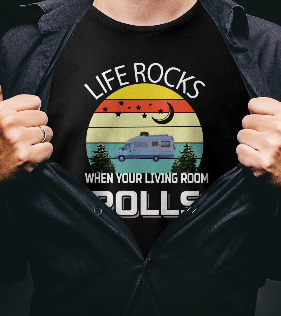 Life Rocks When Your Living Room Rolls Pilote Motorhomes Retro Sunset Campervan Scene T-Shirt