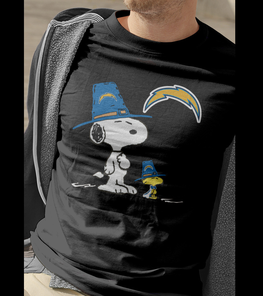 Snoopy And Woodstock In Chargers Hats With Lightning Bolt T-Shirt