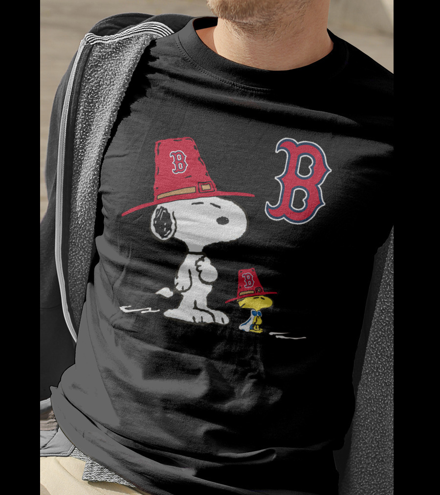 Boston Red Sox Snoopy Woodstock Wearing Team Hats T-Shirt