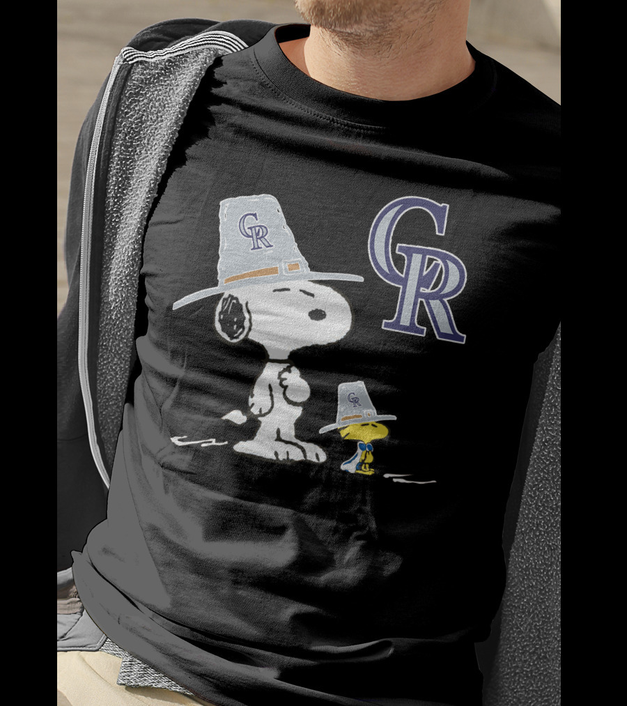 Colorado Rockies Snoopy Woodstock Thanksgiving Pilgrim Hats T-Shirt