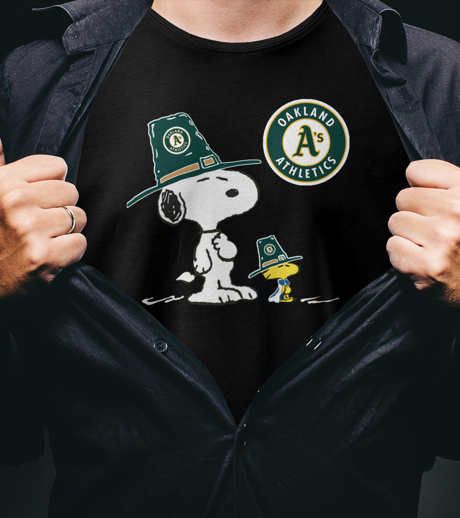 Oakland Athletics Snoopy And Woodstock Wearing Team Hats T-Shirt