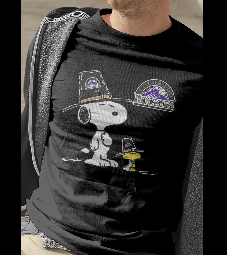Colorado Rockies Snoopy Woodstock Pilgrim Hat T-Shirt