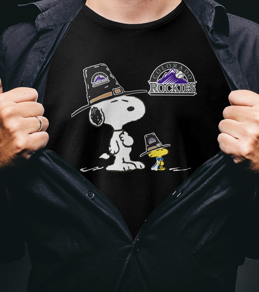 Colorado Rockies Snoopy Woodstock Pilgrim Hat T-Shirt