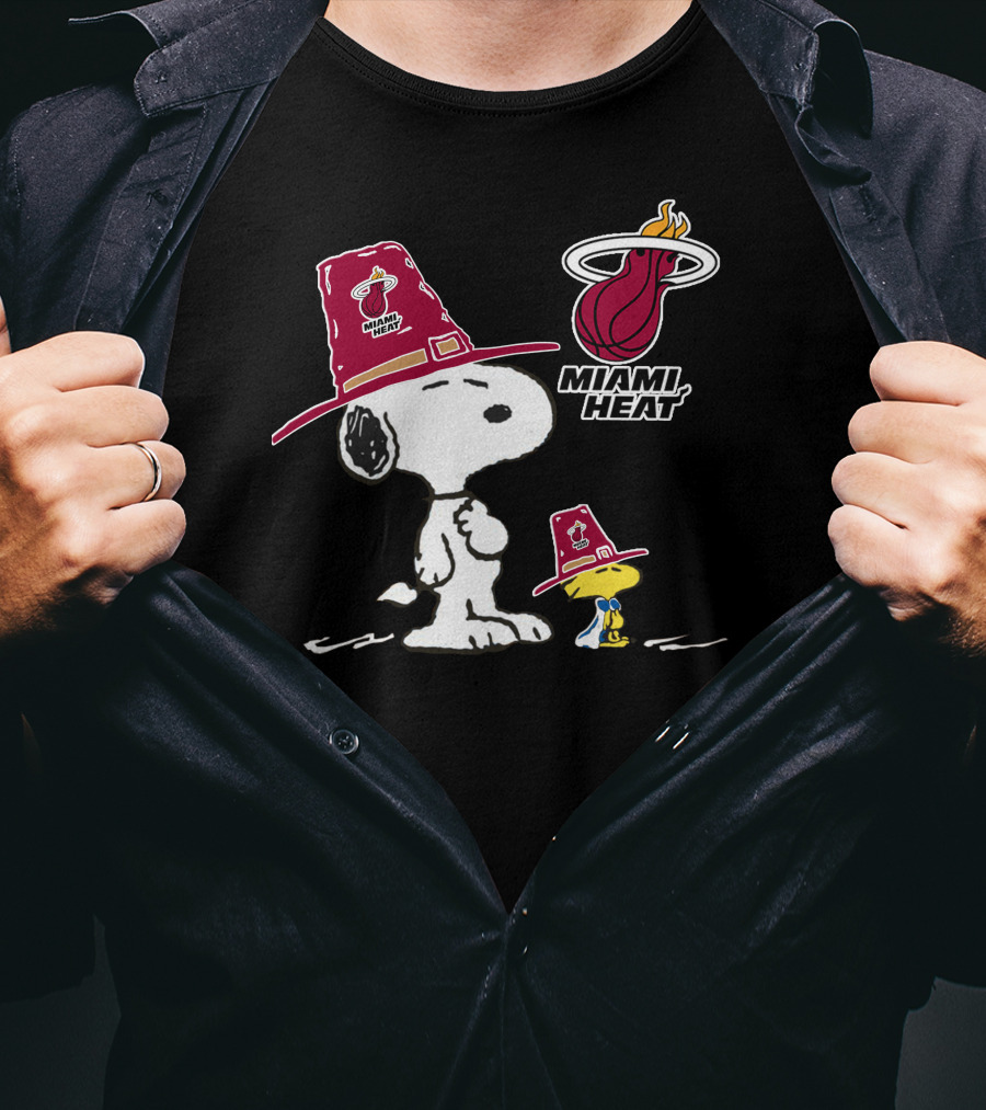 Snoopy And Woodstock In Miami Heat Hats With Team T-Shirt
