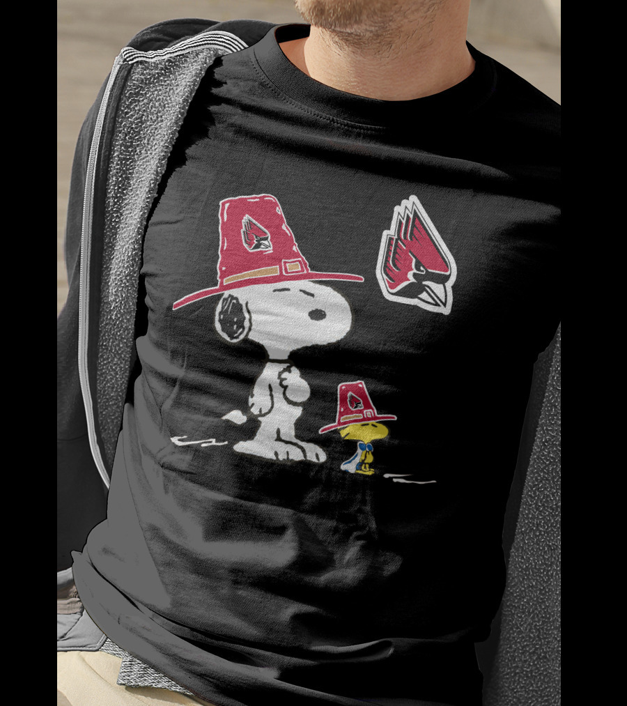 Ball State Cardinals Snoopy And Woodstock Pilgrim Hats Peanuts Sports Collaboration T-Shirt