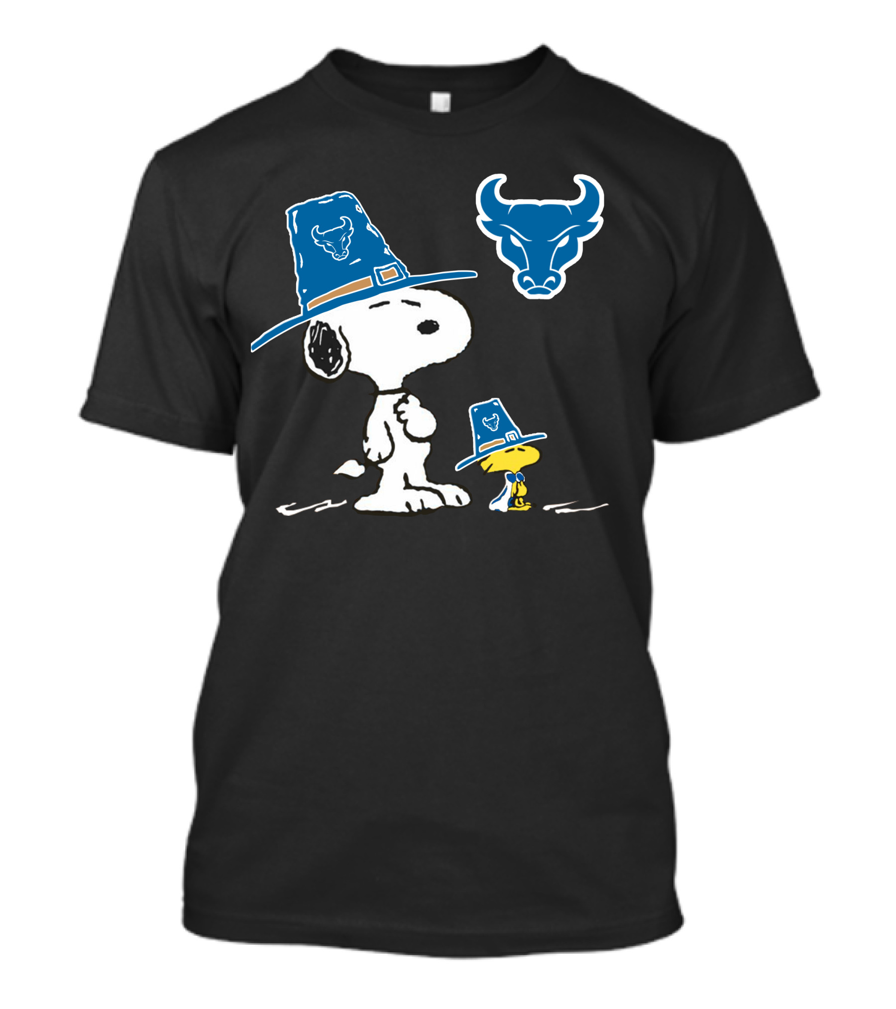 Buffalo Bulls Snoopy Woodstock Blue Pilgrim Hat T-Shirt