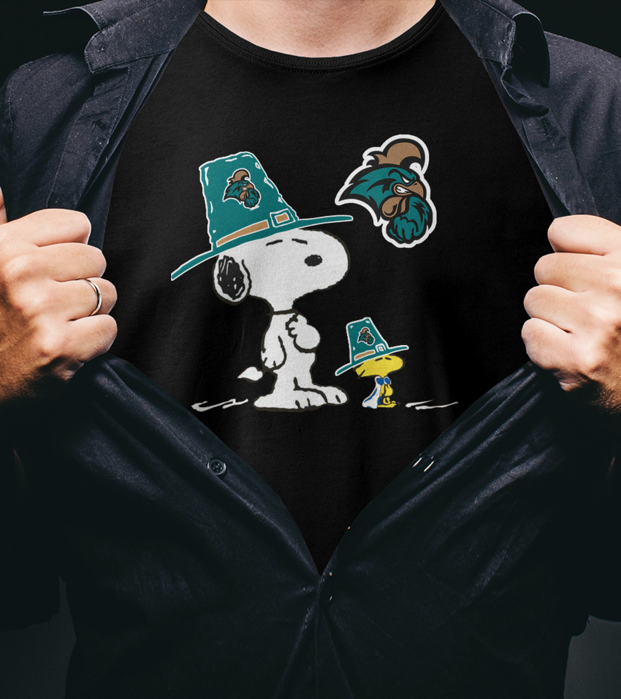 Coastal Carolina Chanticleers Snoopy Woodstock Peanuts Pilgrim Hats T-Shirt
