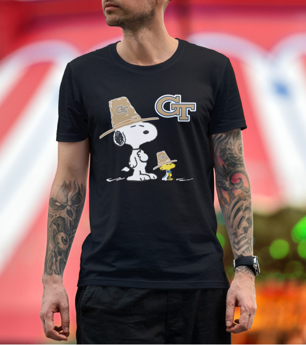 Premium T-Shirt: Georgia Tech Yellow Jackets Snoopy and Woodstock with Pilgrim Hats GT T-Shirt Georgia Tech Yellow Jackets Snoopy and Woodstock with Pilgrim Hats GT T-Shirt