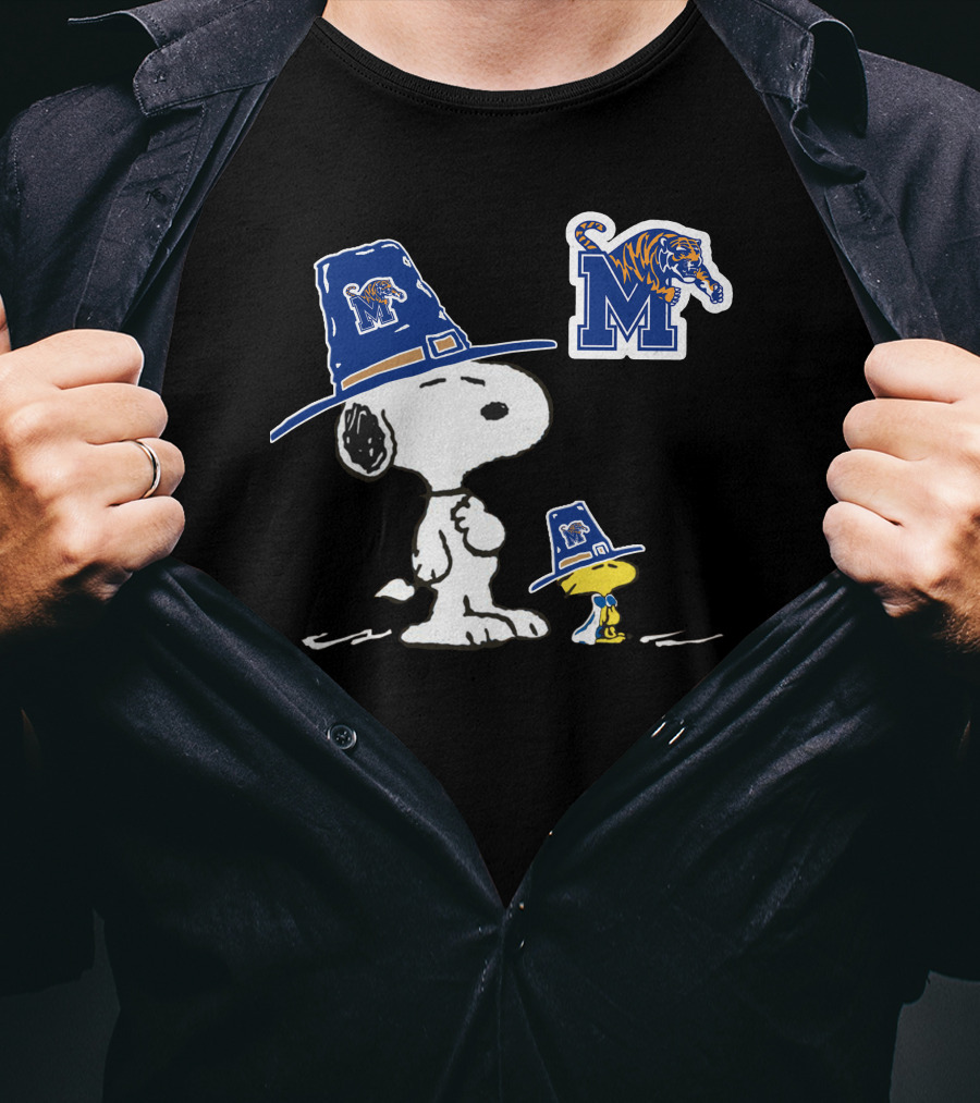 Snoopy And Woodstock Wearing Memphis Tigers Hats With M Logo And Striped Tiger T-Shirt