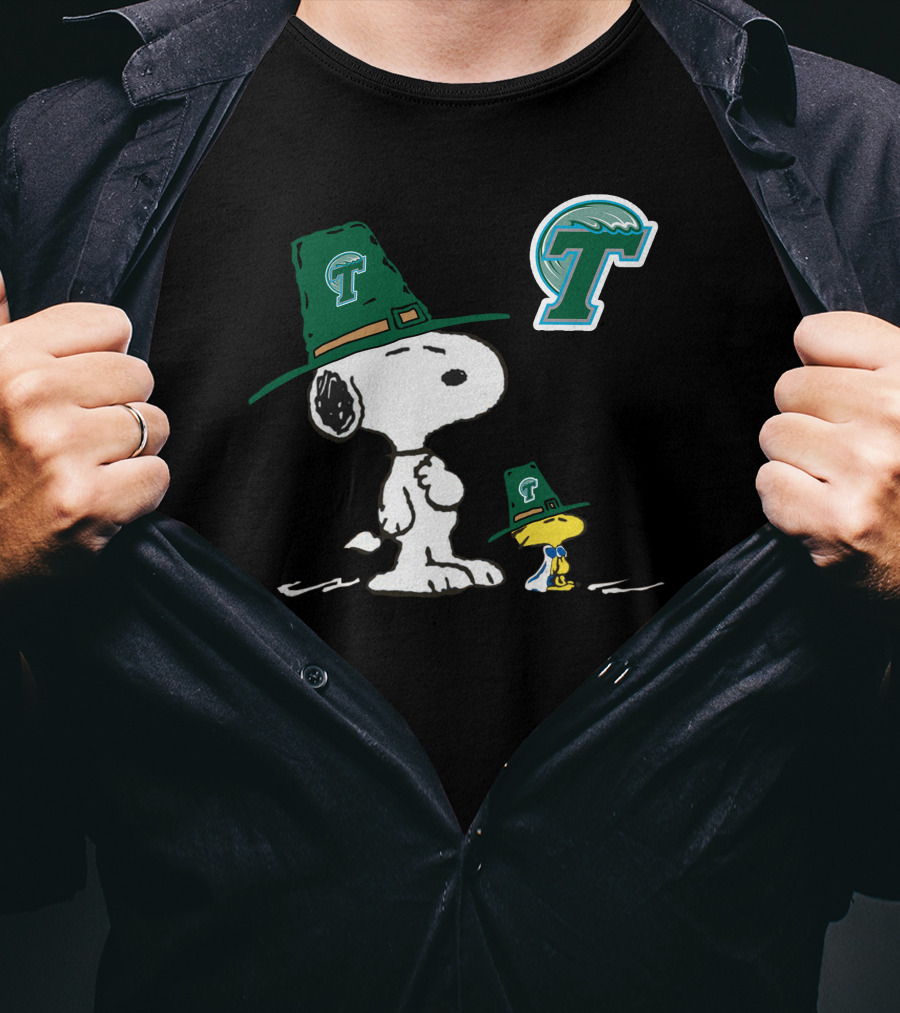 Tulane Green Wave Snoopy Woodstock Pilgrim Hat T-Shirt