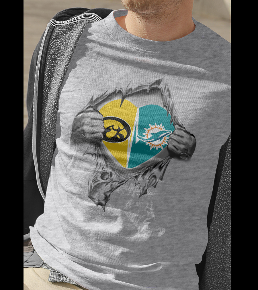 Iowa Hawkeyes Miami Dolphins Heart Logo Ripped T-Shirt