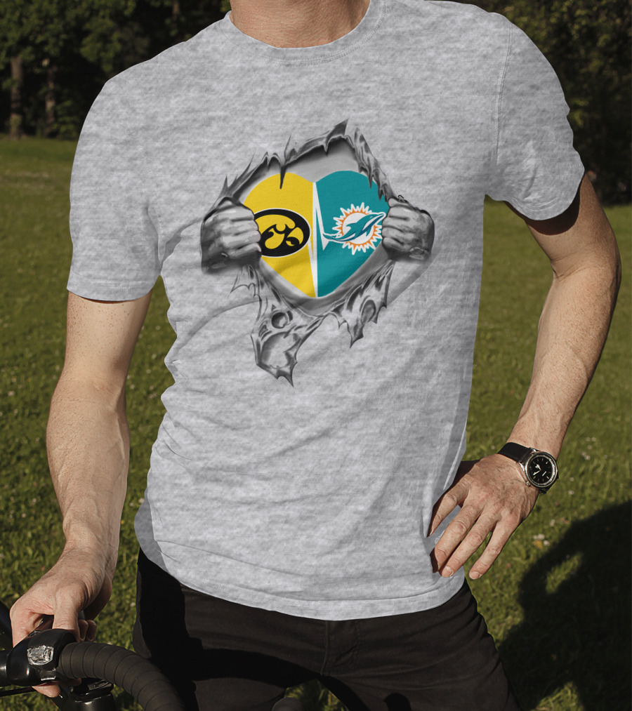 Iowa Hawkeyes Miami Dolphins Heart Logo Ripped T-Shirt