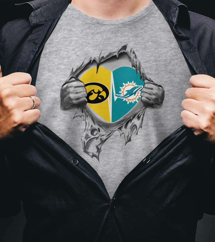 Iowa Hawkeyes Miami Dolphins Heart Logo Ripped T-Shirt