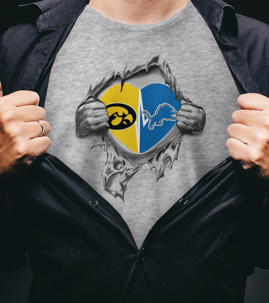 Iowa Hawkeyes Vs. Detroit Lions Heart Symbol Torn Fabric T-Shirt