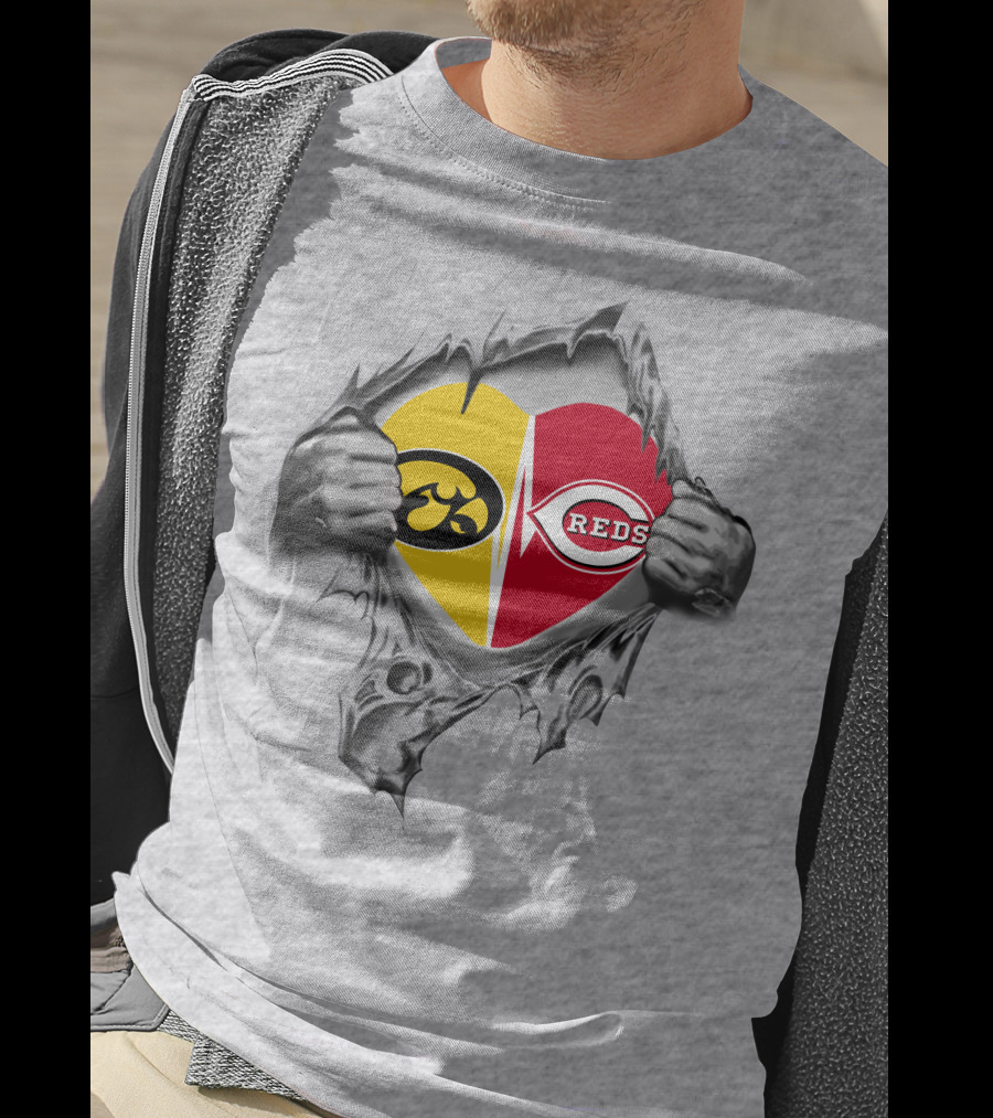 Iowa Hawkeyes Cincinnati Reds Heart Logo Tear T-Shirt