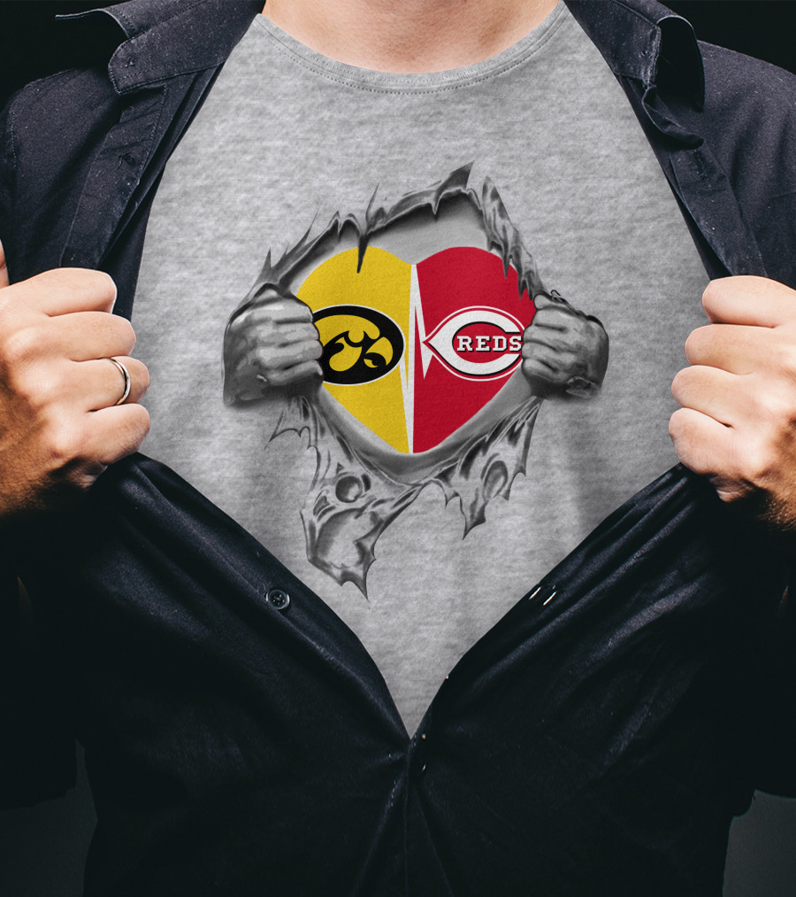 Iowa Hawkeyes Cincinnati Reds Heart Logo Tear T-Shirt