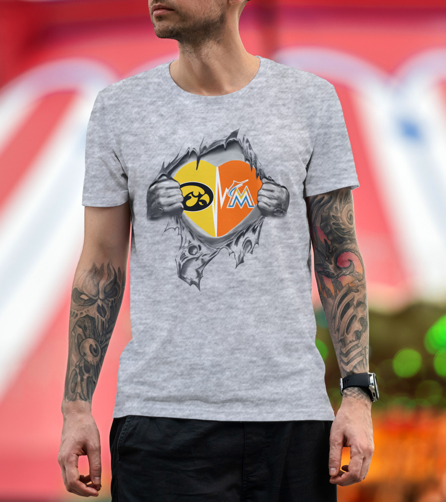Iowa Hawkeyes Heart And Miami Marlins Heart Logos Ripped T-Shirt