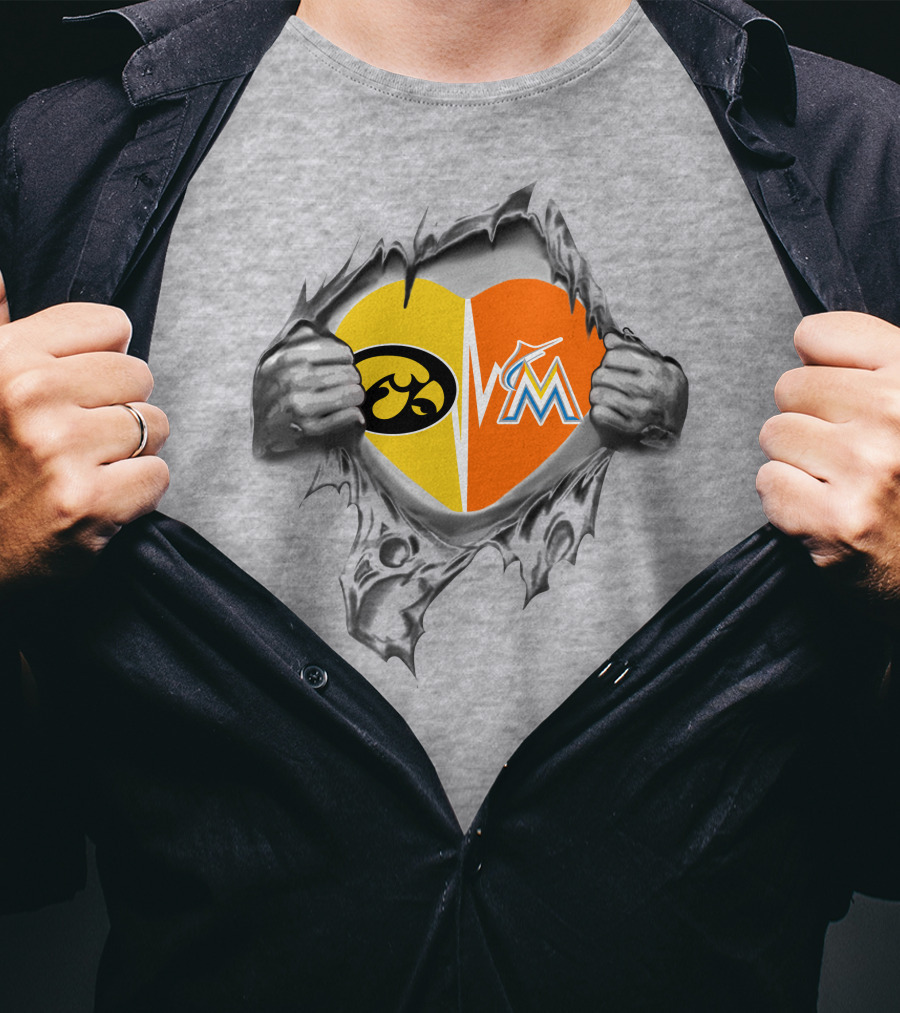 Iowa Hawkeyes Heart And Miami Marlins Heart Logos Ripped T-Shirt