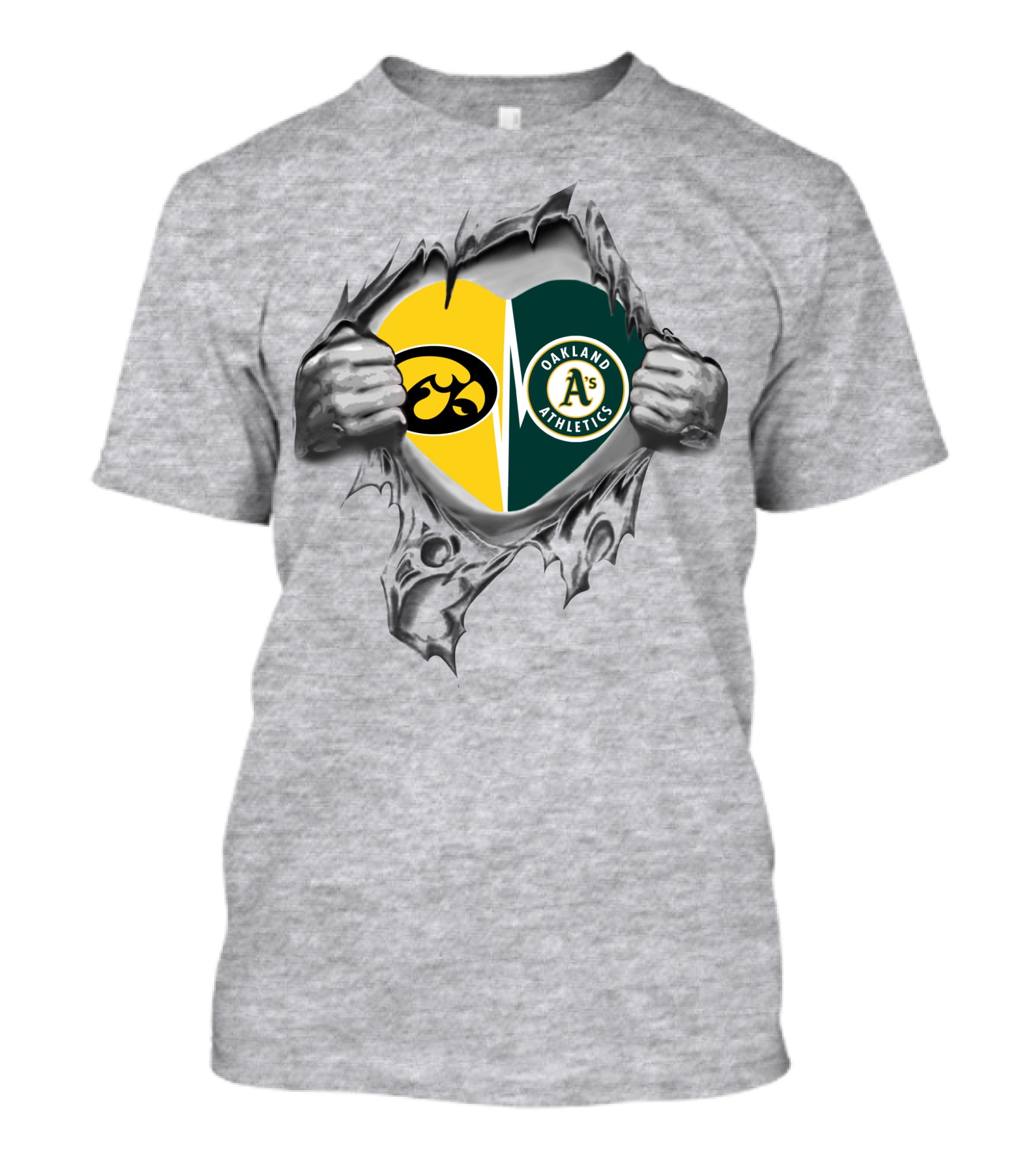 Iowa Hawkeyes Oakland Athletics Heart Design With Tearing Hands T-Shirt