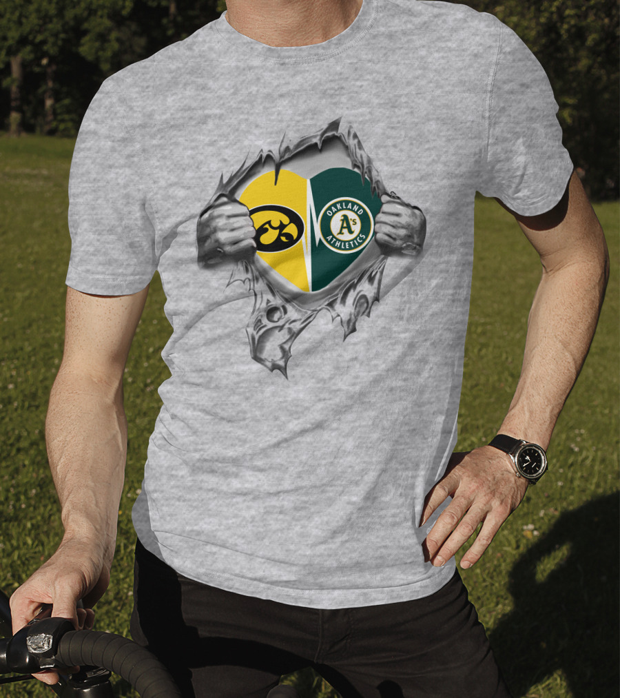 Iowa Hawkeyes Oakland Athletics Heart Design With Tearing Hands T-Shirt