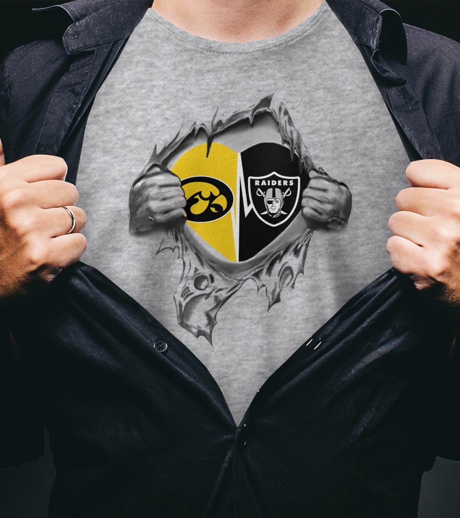 Iowa Hawkeyes Vs Raiders Heart Design With Iconic Logos In Ripped T-Shirt
