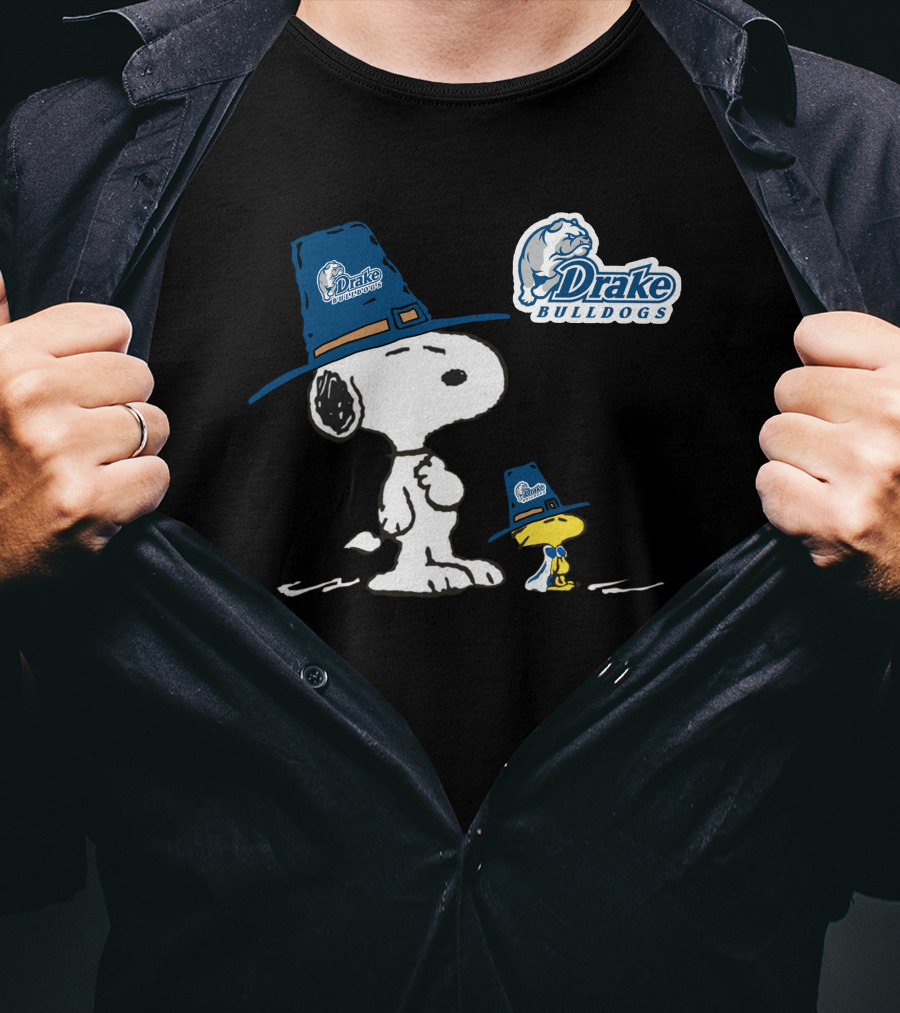 Drake Bulldogs Snoopy Woodstock In Pilgrim Hats T-Shirt