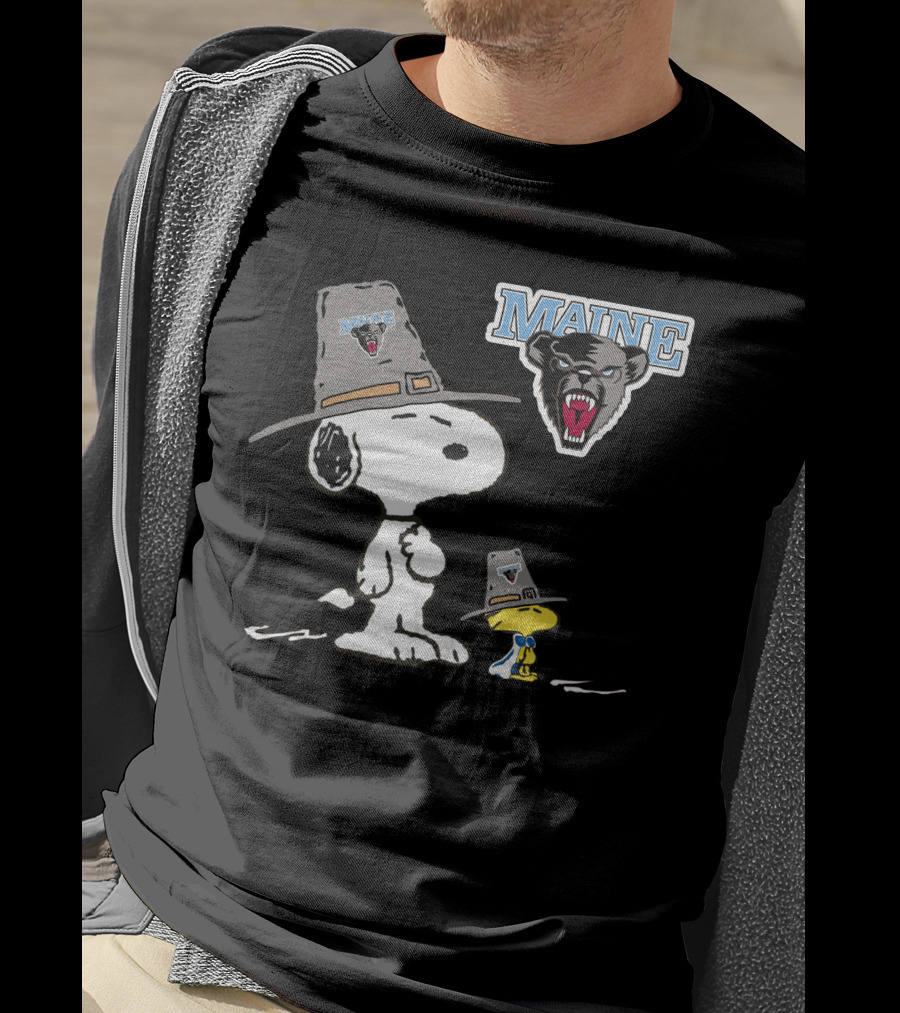 Maine Black Bears Snoopy Woodstock Pilgrim Hat T-Shirt