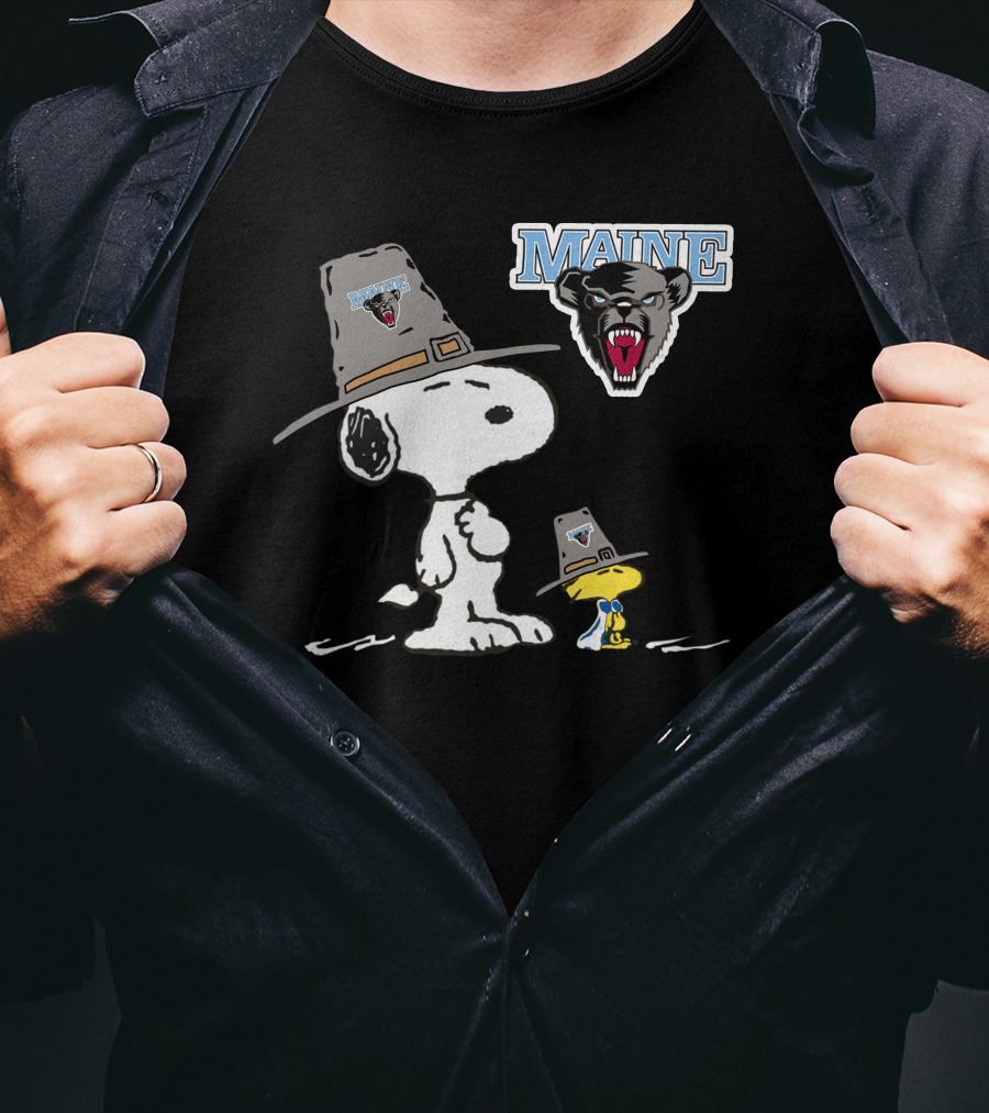 Maine Black Bears Snoopy Woodstock Pilgrim Hat T-Shirt