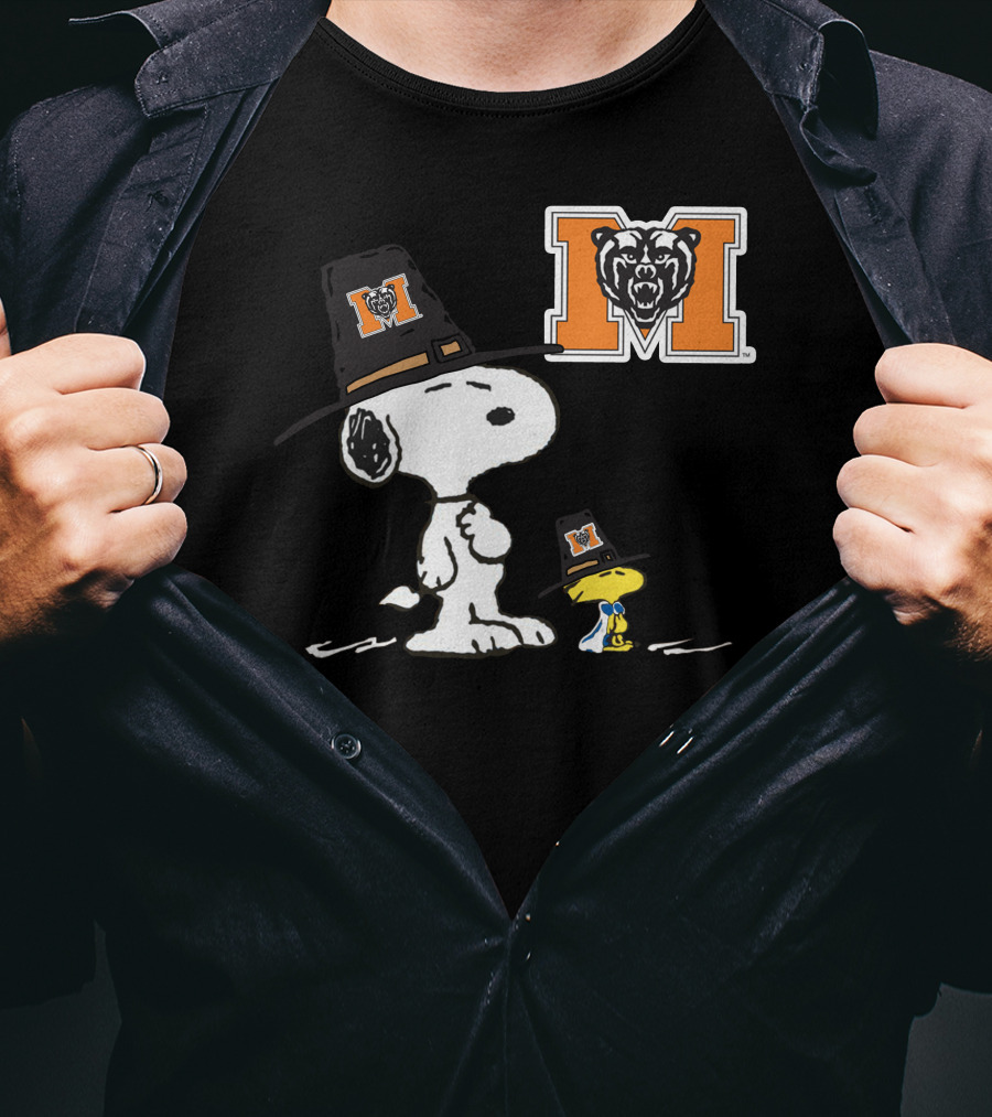 Mercer Bears Snoopy Pilgrim Hat Peanuts Thanksgiving T-Shirt