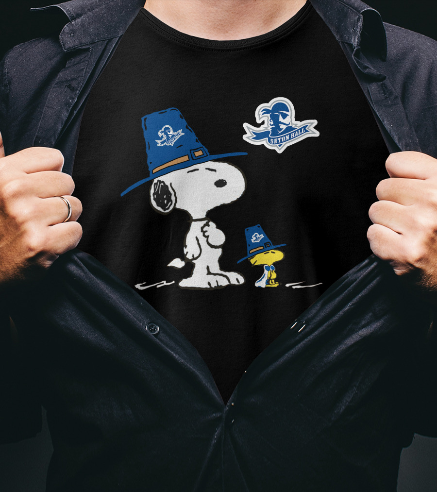 Seton Hall Snoopy And Woodstock In Seton Hall Pirate Hats T-Shirt