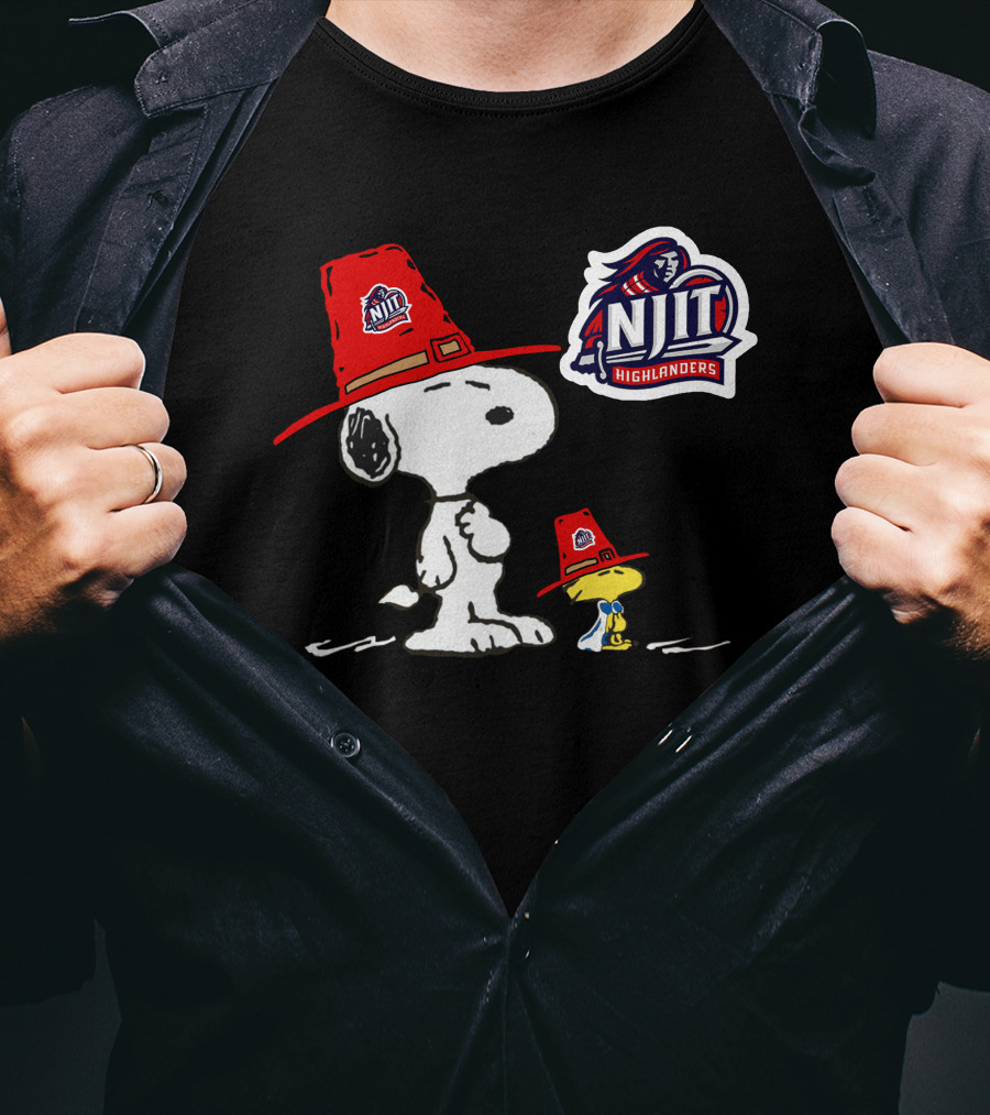 NJIT Highlanders Snoopy And Woodstock Wearing Red Hats T-Shirt