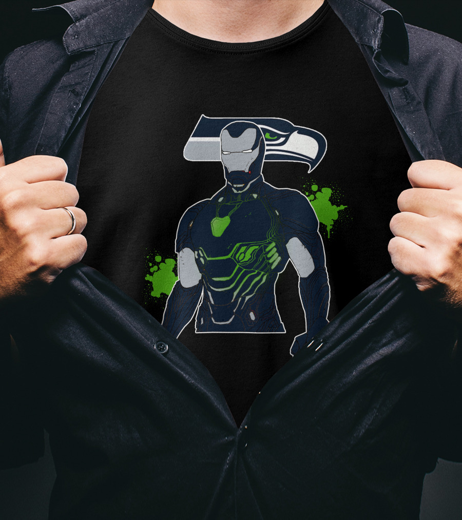 Iron Man Seattle Seahawks Fusion Football Hero Iconic Crossover T-Shirt