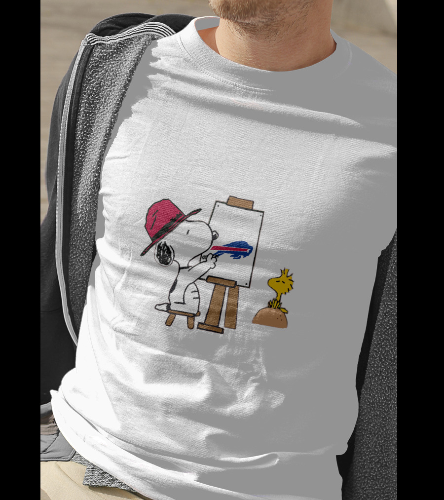 Snoopy Painting Buffalo Bills Logo With Woodstock T-Shirt
