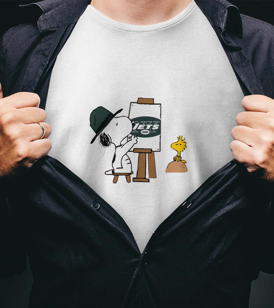 Painter Snoopy With Jets Logo And Woodstock T-Shirt