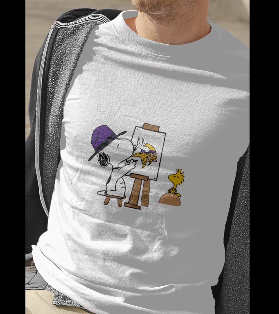 Snoopy Painting Minnesota Vikings Logo With Woodstock T-Shirt