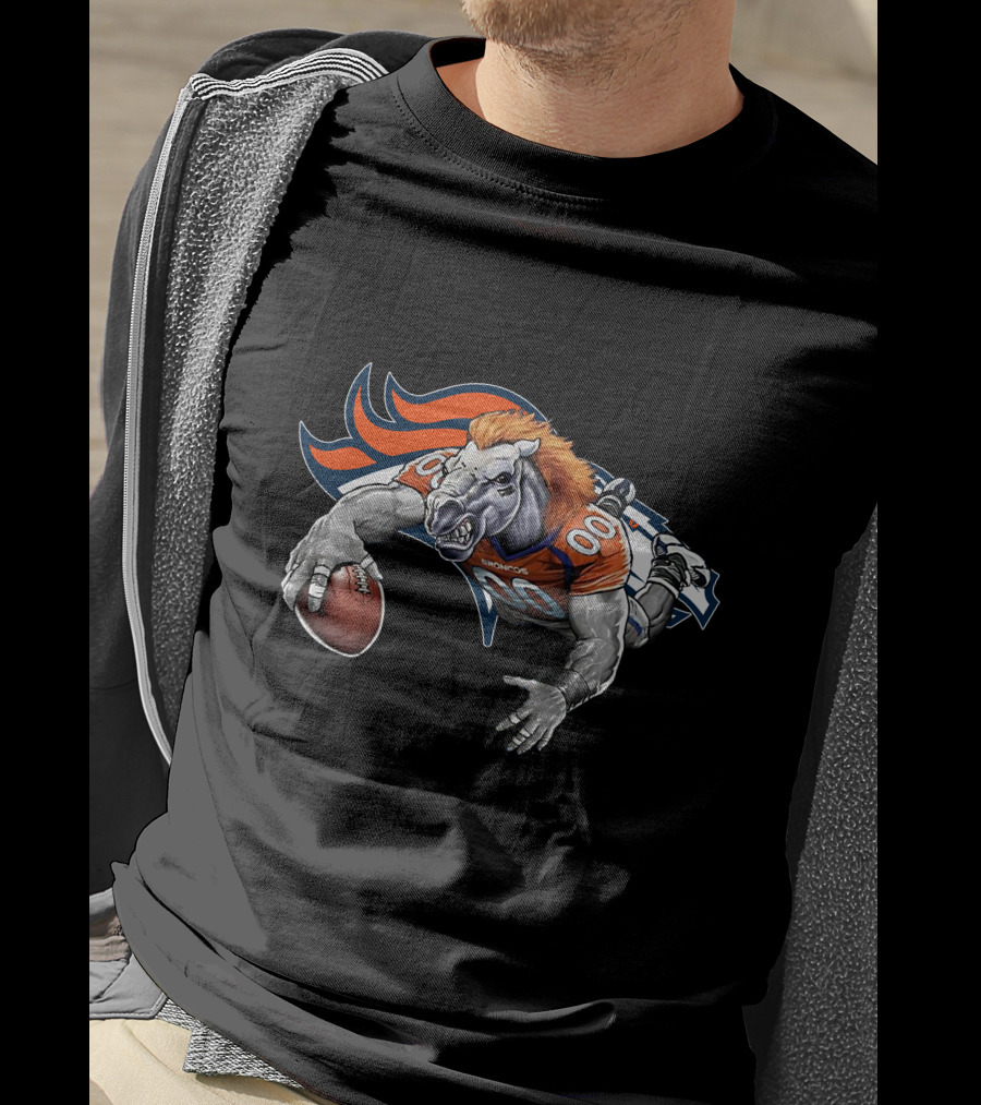 Denver Broncos Mascot Football Action With Orange And Blue T-Shirt