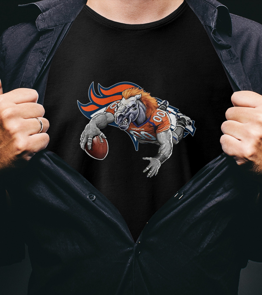 Denver Broncos Mascot Football Action With Orange And Blue T-Shirt