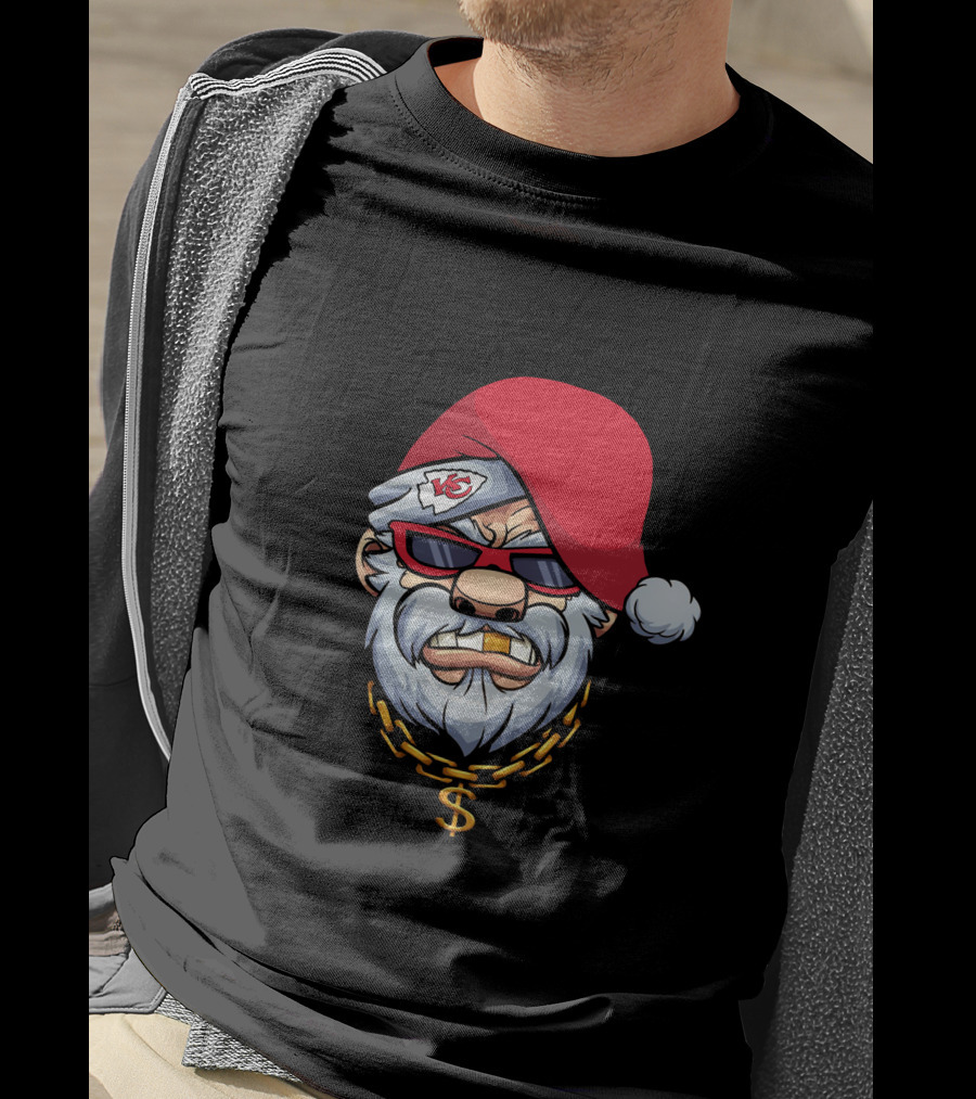Chiefs Gangster Santa With Chain And Red Hat Sporting Sunglasses And Kansas City T-Shirt