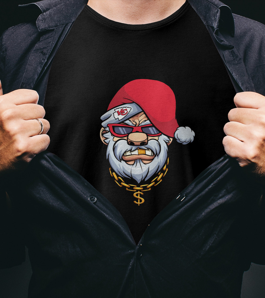 Chiefs Gangster Santa With Chain And Red Hat Sporting Sunglasses And Kansas City T-Shirt