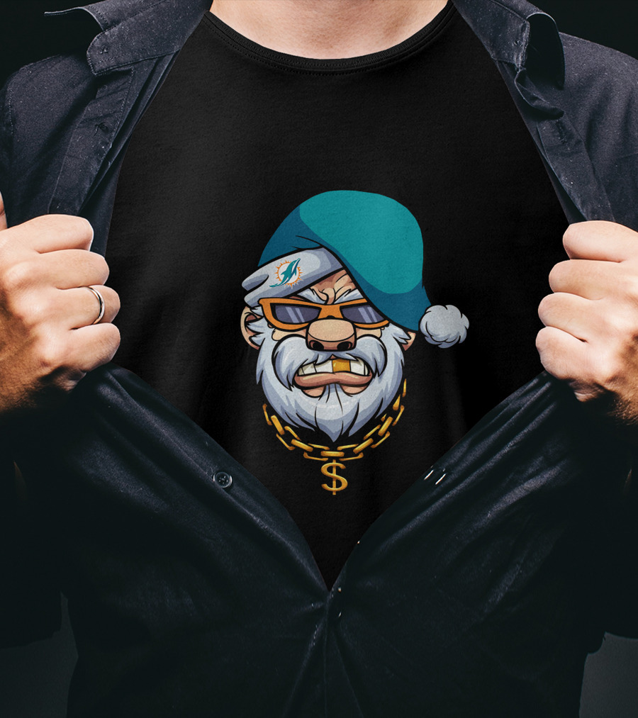 Miami Dolphins Gangster Santa With Shades And Gold Chain T-Shirt