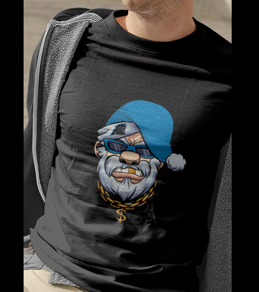 Panthers Gangster Santa With Blue Hat And Gold Chain T-Shirt
