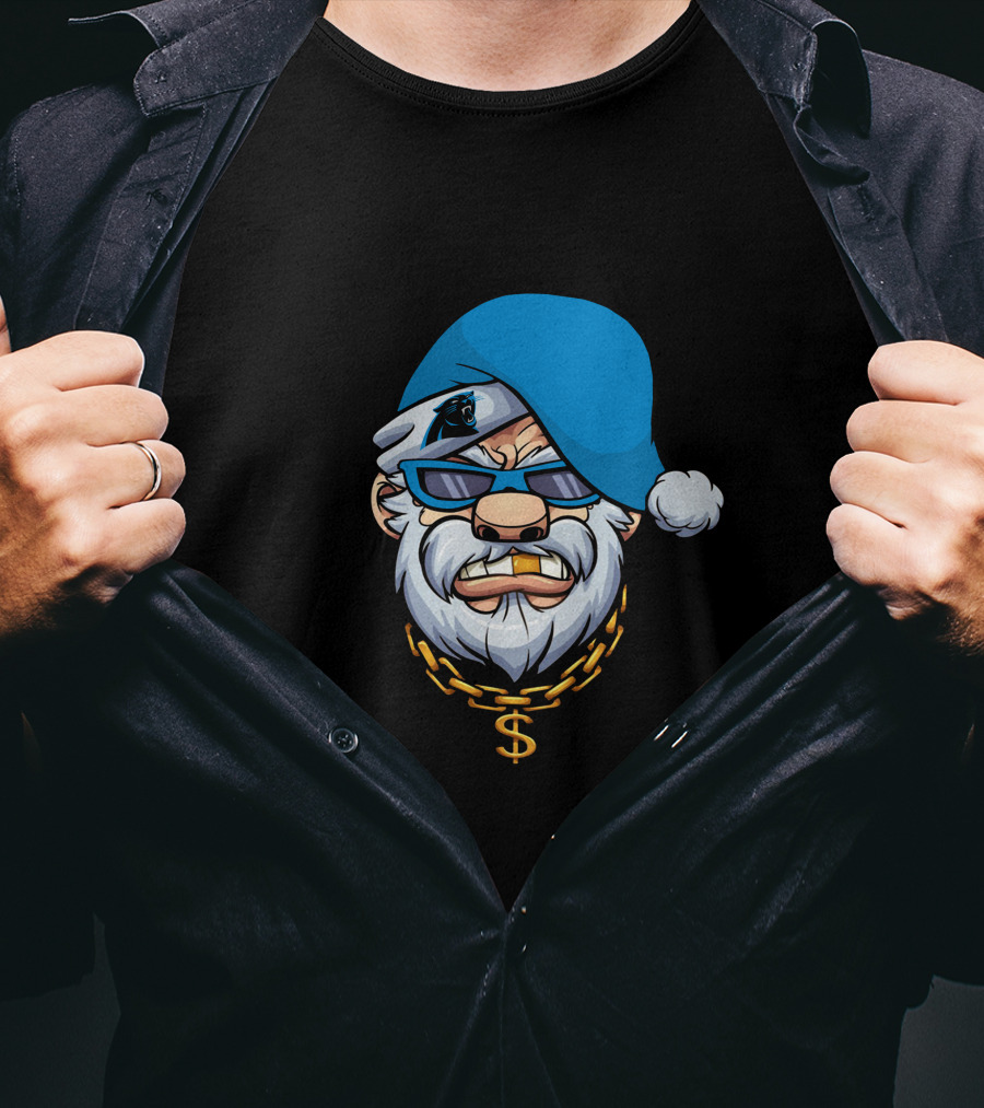 Panthers Gangster Santa With Blue Hat And Gold Chain T-Shirt