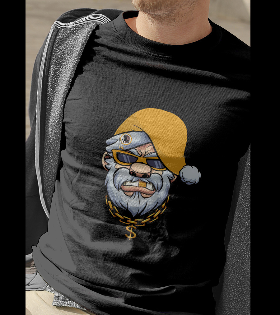 Santa With Gangster Style Gold Hat And Chain Featuring Washington Football Team T-Shirt