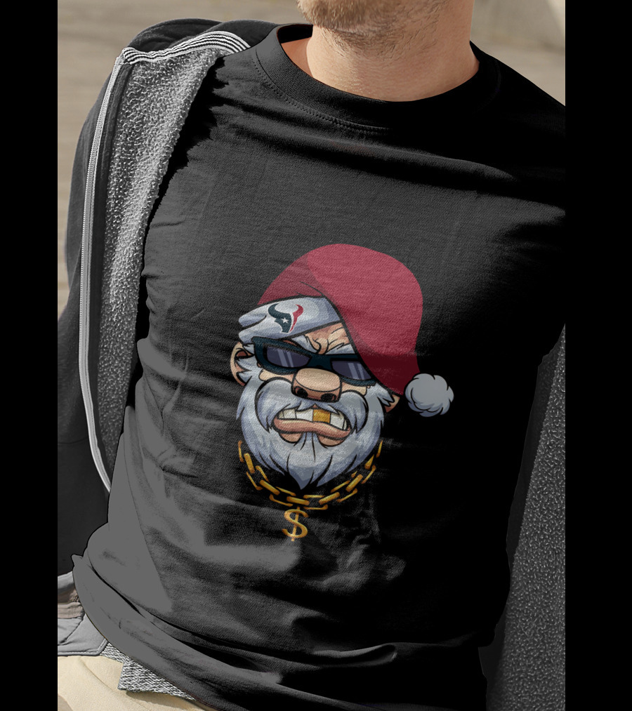 Texans Gangster Santa Wearing Sunglasses And Santa Hat With Dollar Sign Chain T-Shirt